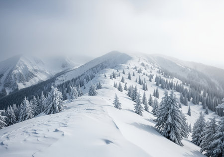 Snow covered mountain ridge line featuring frosted evergreen trees under a misty, high key sky. remote winter landscape emphasizing cold, altitude, and natural beauty.の素材