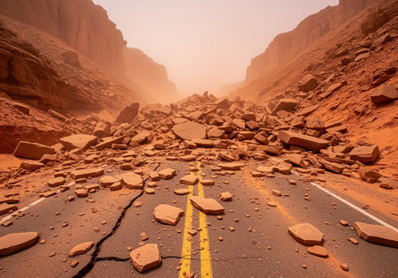 Massive rockslide debris covering a cracked asphalt road, completely blocking passage through a dusty, arid red rock canyon. depicts natural disaster, infrastructure damage, and geological hazard.の素材