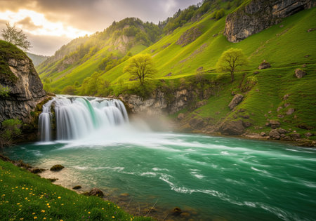 Powerful waterfall cascading into a vibrant emerald river, set against steep, lush green valley slopes under dramatic sunlight. majestic nature scene.の素材