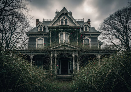 Abandoned victorian mansion featuring intricate architecture, peeling paint, and overgrown foliage under a dramatic, dark sky. evokes horror, decay, and mystery.の素材