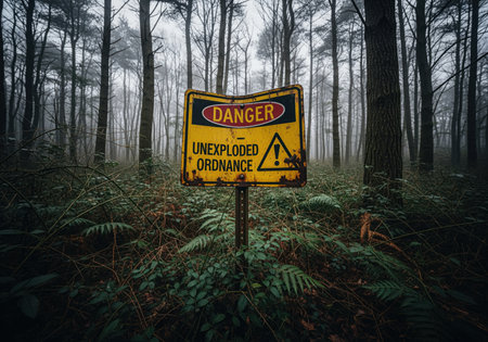 Unexploded ordnance danger sign standing in a dense, overgrown forest under a misty sky, conveying caution and restricted access.の素材