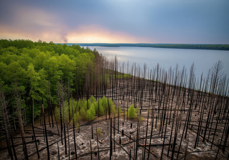 Charred forest landscape devastated by a recent wildfire, sharply contrasting with vibrant green trees bordering a calm lake under a smoky sky. evidence of environmental destruction and climate change impact.の素材