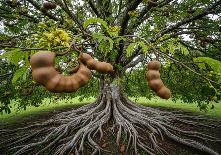 Mature tropical tamarind tree tamarindus indica featuring a massive trunk, complex sprawling exposed roots, and large brown fruit pods hanging from the branches, set against a lush green landscape.の素材