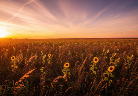 Vast field of sunflowers and tall dry grass illuminated by the warm, dramatic light of the golden hour sunset. the sky features soft clouds and rich orange and purple tones.の素材