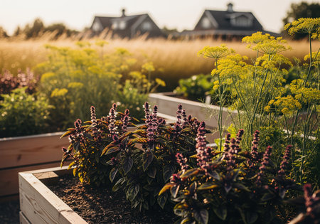 Purple basil and yellow flowering dill herbs thrive in wooden raised garden beds under warm golden hour sunlight, symbolizing organic gardening and harvest.の素材