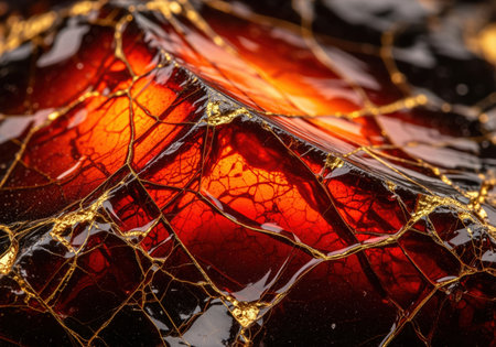 Macro texture of dark volcanic glass with deep red internal glow, featuring golden kintsugi lines filling the intricate cracks. abstract concept of repair, resilience, and beauty in imperfection.の素材