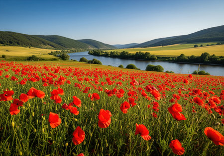 Vibrant red poppy field dominates the foreground, stretching toward a winding river flowing through a lush green and yellow valley. rolling hills covered in forest rise under a clear blue summer sky.の素材