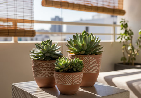 Three thriving succulent plants displayed in artisanal terracotta pots featuring white geometric patterns, placed on a sunlit balcony overlooking an urban cityscape.の素材