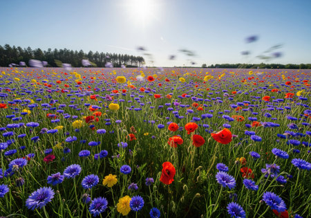 Vast, colorful meadow filled with abundant blue cornflowers, red poppies, and yellow wildflowers under a bright summer sun and clear sky.の素材