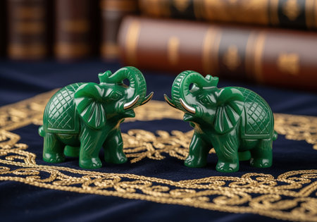 Two intricately carved emerald green jade elephant figurines with silver tusks, displayed on a dark blue velvet surface with gold embroidery. symbolic of luck and wisdom.の素材