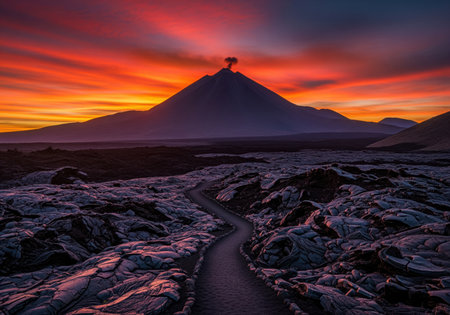 Winding path traversing a rugged, dark lava field toward a distant, smoking volcano silhouetted against a dramatic, fiery red and orange sunset sky. epic natural landscape.の素材