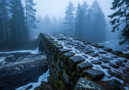 Ancient stone bridge covered with snow and moss crossing a dark, turbulent river in a dense coniferous forest. thick fog creates a moody, cold, and mysterious winter landscape.の素材