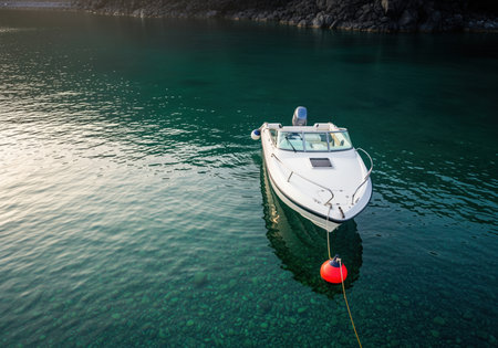 White fiberglass motorboat anchored to a bright red mooring buoy floating on incredibly clear turquoise water, revealing the rocky seabed below. scenic secluded cove setting, symbolizing luxury travel and summer vacation.の素材