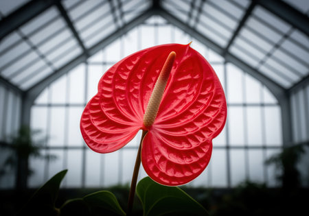 Vibrant red anthurium flamingo flower with its glossy, heart shaped spathe and spadix, captured in a botanical greenhouse environment. the blurred glass roof provides a dramatic backdrop.の素材