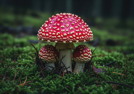 Cluster of three vibrant red and white amanita muscaria fly agaric mushrooms growing on a bed of lush green moss in a dark forest environment.の素材