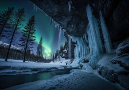 Spectacular green aurora borealis lights up a dark winter sky above a snowy river valley. massive blue icicles hang from a rocky overhang above a partially frozen waterfall.の素材