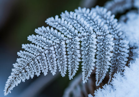 Delicate fern frond covered in thick, sparkling white hoarfrost crystals, captured in extreme macro detail. encased in ice, symbolizing winter, cold, and freezing temperatures.の素材