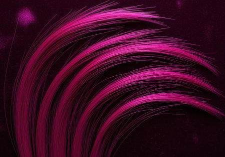 Bright neon pink hair fibers arranged in flowing, graceful curves creating an abstract texture against a deep, dark background. ideal for beauty, fashion, and cosmetic themes.の素材