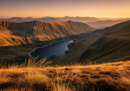 Steep mountain slopes surrounding a deep blue lake, illuminated by warm golden hour light, viewed from a high alpine meadow covered in dry grass.の素材