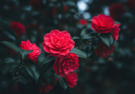 Deep crimson red camellia flowers clustered together, sharply contrasted against dark green, glossy foliage in a moody, intimate garden environment.の素材