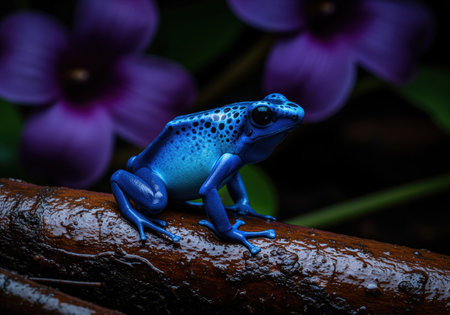 Vibrant electric blue poison dart frog with black spots perched on a wet, dark log in a dense rainforest environment, featuring soft purple flowers in the background.の素材