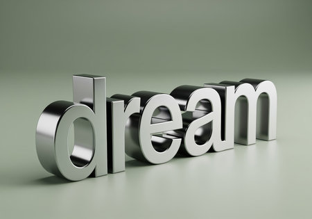 Contemporary dream lettering sculpture crafted from sleek, polished silver metal, resting on a smooth surface with soft studio lighting. represents aspiration, goals, and motivation.の素材