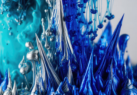 Sharp metallic silver and electric blue paint structures forming abstract spikes, dynamically dissolving in a clear liquid, creating a vibrant, textured macro background.の素材