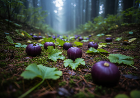 Scattered deep purple ornamental fruit lying among green leaves and moss on the dark forest floor. the low angle emphasizes the moody atmosphere and heavy fog filtering through the tall trees.の素材