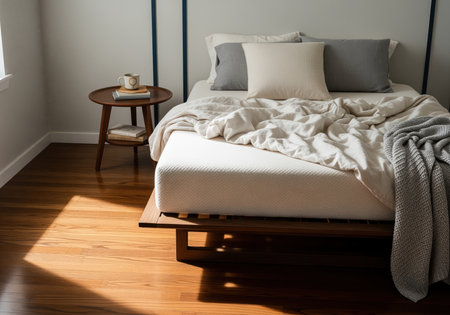 Modern bedroom corner featuring a comfortable platform bed with a white mattress and rumpled bedding. sunlight streams onto the polished hardwood floor next to a wooden nightstand.の素材