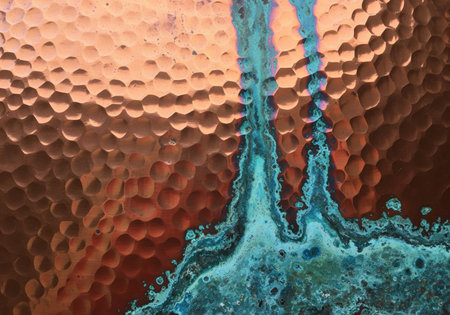 Aged hammered copper surface featuring a detailed, dimpled texture and striking areas of oxidized blue green verdigris.の素材