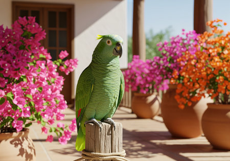 Green amazon parrot standing on a wooden post on a sunny outdoor patio. vibrant pink and orange bougainvillea flowers bloom in terracotta pots, creating a tropical scene.の素材
