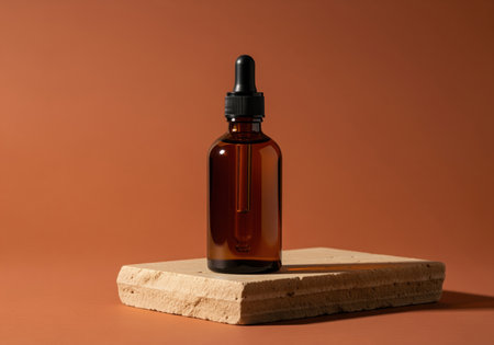 Cosmetic amber dropper bottle mockup displayed on a rough beige stone podium. minimalist studio shot with strong shadows and a warm terracotta orange background, ideal for beauty and skincare product presentation.の素材