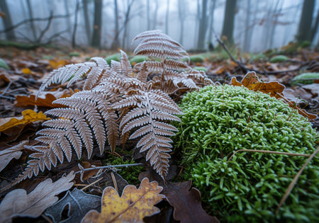 Hoarfrost covering delicate fern fronds and vibrant green moss on the forest floor. fallen autumn leaves surround the plants under a cold, misty, and foggy atmosphere, symbolizing the transition to winter.の素材