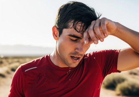 Exhausted male runner wiping sweat from his brow after intense training outdoors in a hot, sunny, dry environment. depicts effort, heat, endurance, and physical exertion.の素材
