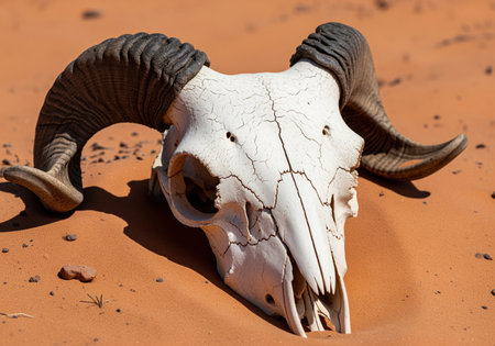 Weathered ram skull with large curled horns, bleached white and cracked, resting partially buried in loose, terracotta colored desert sand under harsh sunlight.の素材