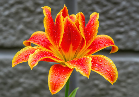 Scarlet red and bright yellow lily flower petals covered in fresh, clear water droplets, showcasing vibrant color and texture. detailed macro view of the exotic bloom against a blurred gray wall.の素材