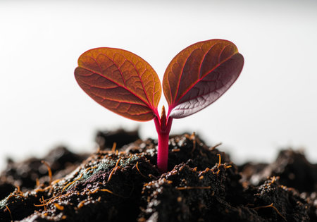 Macro photograph of a vibrant red seedling emerging from dark, fertile soil against a bright white background, representing new beginnings and ecology.の素材
