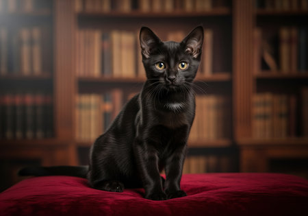 Sleek black kitten with bright golden eyes sitting alertly on a deep red velvet cushion. blurred wooden bookshelves filled with classic books create an elegant and sophisticated atmosphere.の素材
