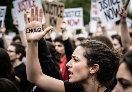 Woman activist shouting passionately in a crowd, raising her hand with the word ENOUGH written across the palm during a large social justice demonstration.の素材