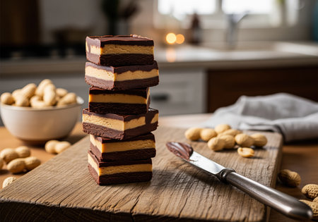 Stacked squares of rich, layered chocolate and peanut butter fudge bars displayed on a rustic wooden cutting board with peanuts and a knife.の素材