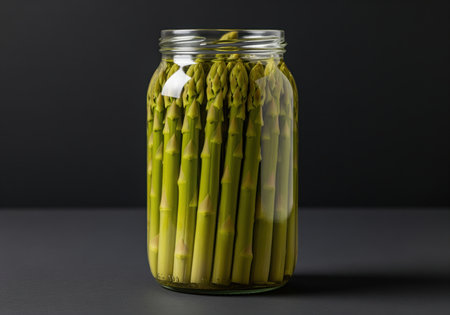 Bright green pickled asparagus spears neatly packed and standing upright in a clear glass jar. studio shot against a dark background, highlighting preservation and healthy food.の素材