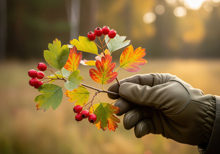 Gloved hand holding a hawthorn branch displaying vibrant red berries and multicolored autumn leaves against a blurred forest background. represents fall season and nature study.の素材