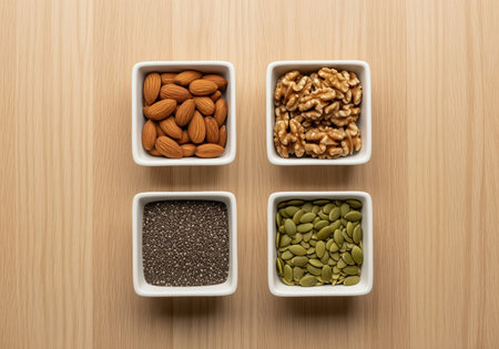 Four square white bowls filled with healthy ingredients, almonds, walnuts, chia seeds, and pumpkin seeds, arranged on a light wooden surface. clean flat lay composition emphasizing nutrition and superfoods.の素材