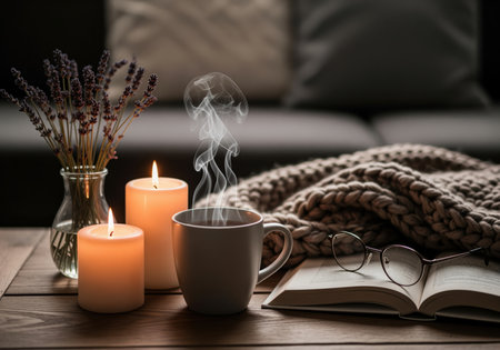 Steaming hot drink in a mug next to two burning candles, an open book with reading glasses, and a chunky knit blanket, creating a cozy and relaxing atmosphere indoors. perfect for autumn or winter concepts.の素材