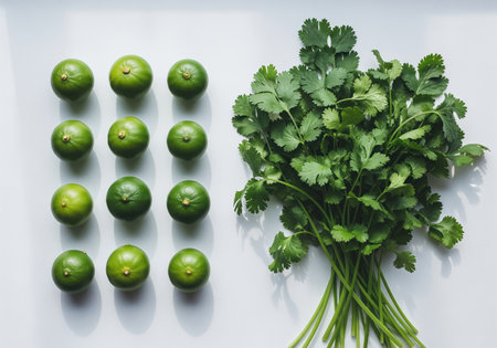 Twelve bright green key limes arranged in neat rows beside a large bundle of fresh cilantro on a minimalist white background. ingredients used for mexican, thai, and healthy cuisine.の素材