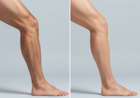 Split screen comparison of a man leg, illustrating the before and after results of hair removal. hairy skin is shown on the left, contrasting with smooth, depilated skin on the right.の素材