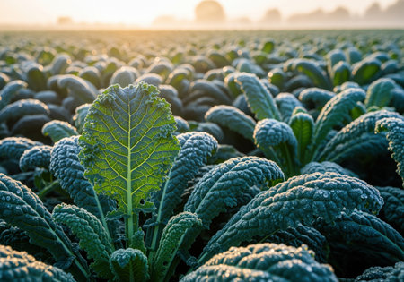 Fresh, dark green lacinato kale plants covered in frost or dew droplets growing in a large agricultural field during a golden sunrise. focus on healthy eating, farming, and harvest.の素材