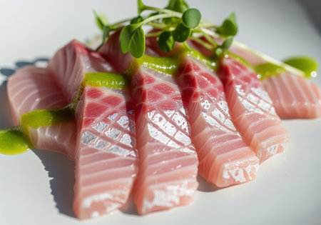 Fresh raw hamachi yellowtail sashimi slices neatly arranged on a white plate, drizzled with a vibrant green sauce and garnished with fresh microgreens. high quality japanese cuisine appetizer.の素材