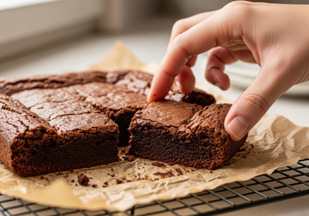 Freshly baked square of rich dark chocolate brownie being picked up by a hand. the fudgy dessert rests on crumpled parchment paper and a cooling rack, emphasizing homemade baking and indulgence.の素材