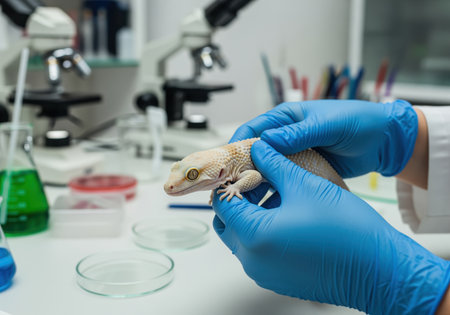 Scientist wearing blue protective gloves carefully holds and examines a white leopard gecko on a laboratory table. scientific equipment, including microscopes and flasks, is visible in the background, suggesting biological research.の素材